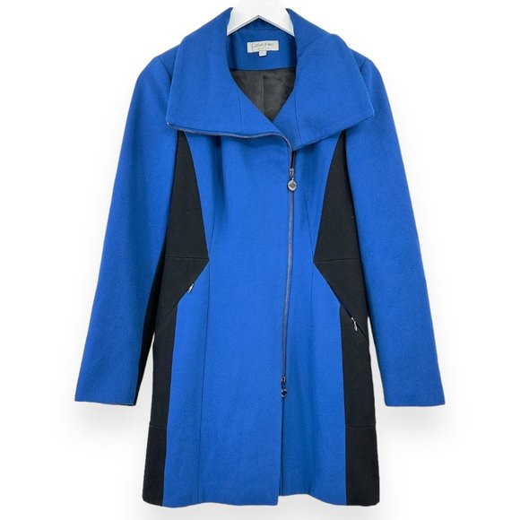 Vintage Calvin Klein Cobalt Blue & Black Wool Blend Zip Up Coat sz 2 - Picture 1 of 7